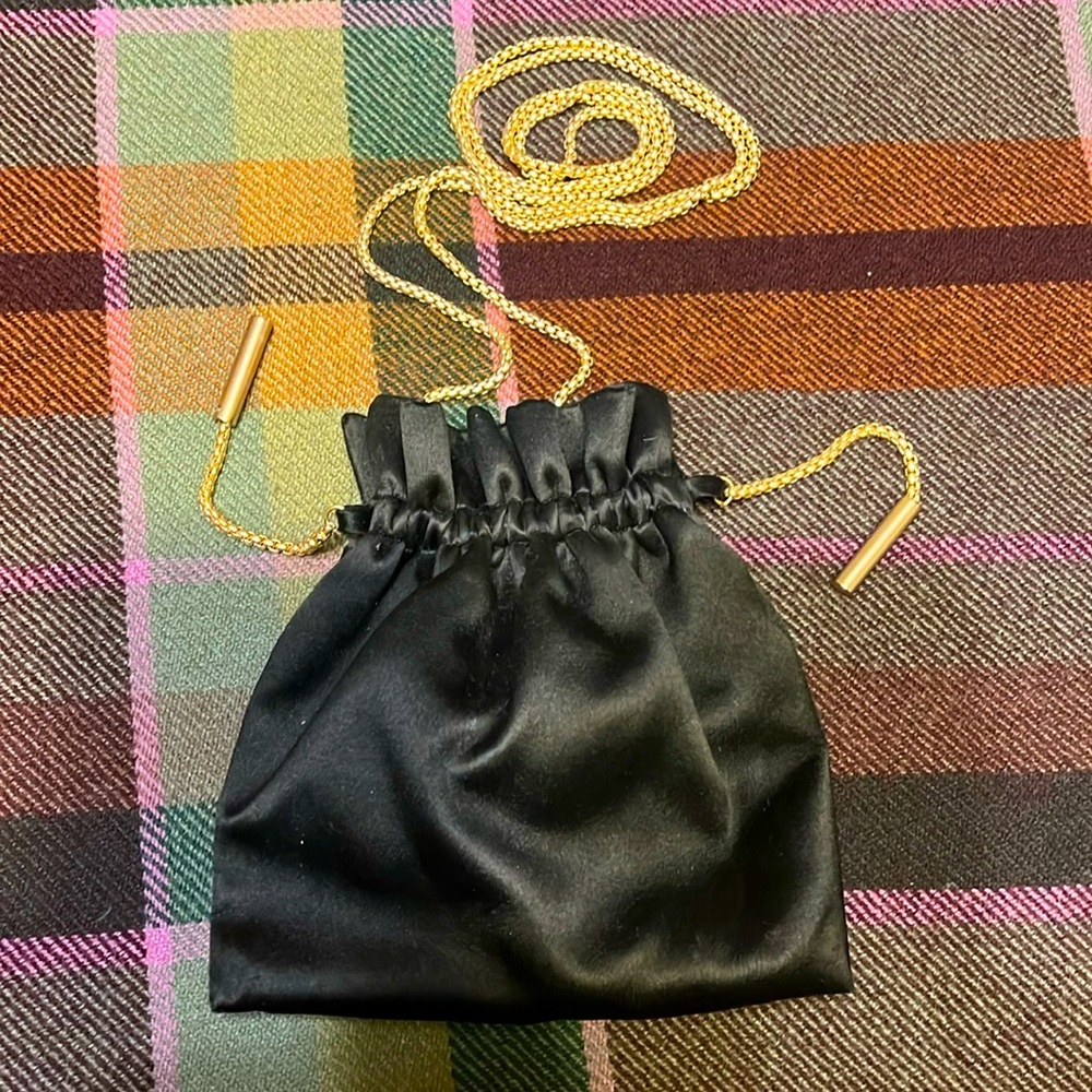 Zimmermann Black Satin Drawstring Pouch with Gold Chain